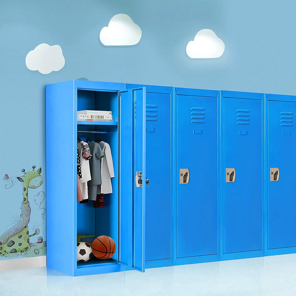 48" Kids Locker Cabinet, Daycare Metal Coat Locker W/Hanging Rod & Shelf For Kids Room Bedroom School Classroom, 2-Tier Storage Locker W/ 2 Keys For Toys, Clothes, Sports Gear