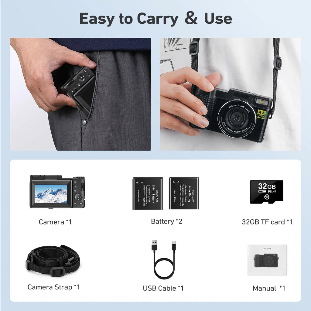 3’’ 4K Camera Digital Screen Vlogging Function Flash, Photography with Liftable 16X & Digital Camera YouTube Zoom Camera for Macro 48MP 180°Flip MARVUE