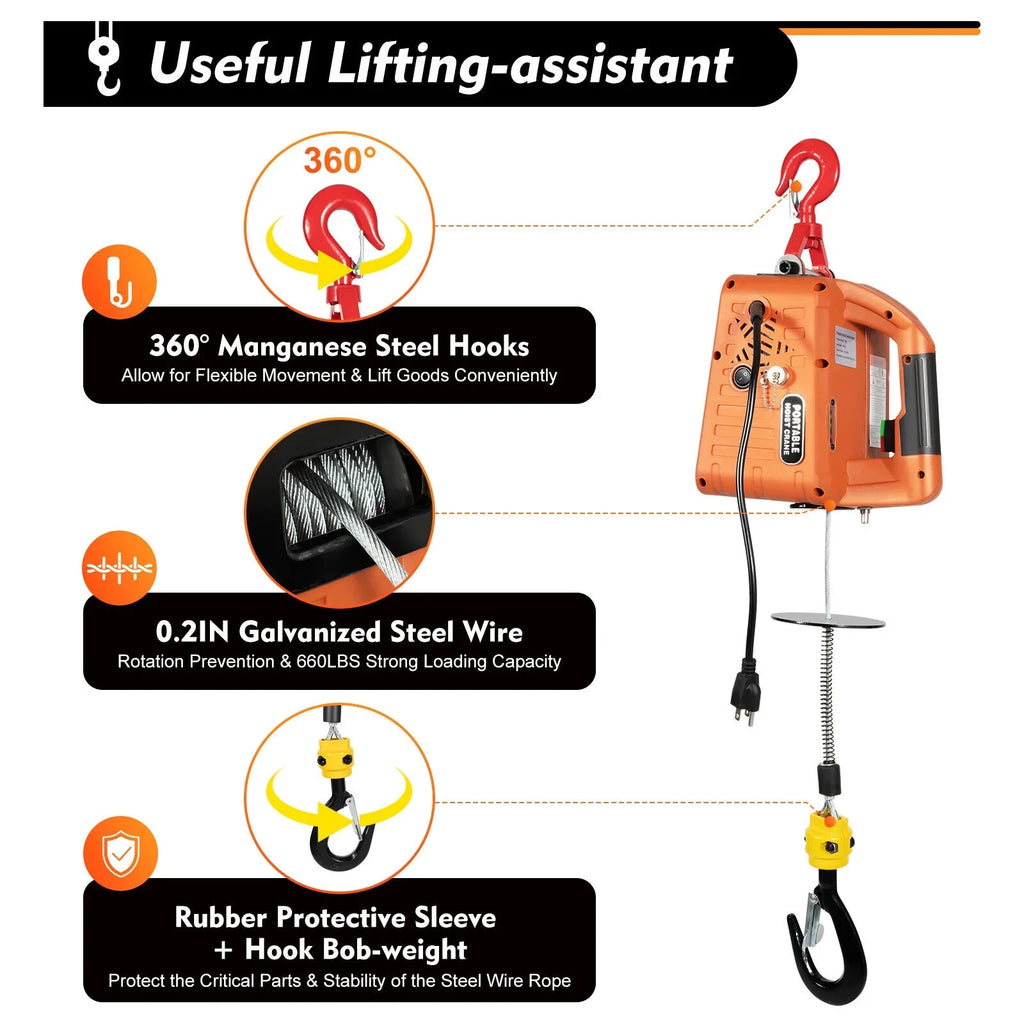 Winches Remote lbs Electric Hoist 300kg/660 Winch Lift Crane Portable W/ 3-in-1