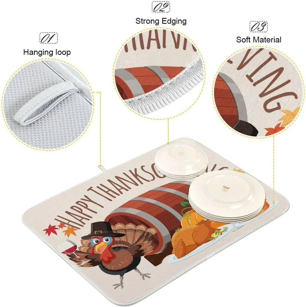 Harvest Wellsay Fall Mat Dry Kitchen Dish Dishes for Counter Accessories 16x18inch Turkey Happy Drainer Rack Pad Fast Dish Mats Autumn Drying Absorbent Thankgiving