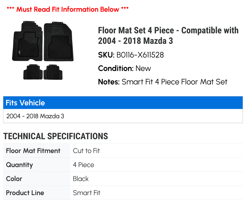 Floor Mat Set 4 Piece - Compatible With 2004 - 2018 Mazda 3 2005 2006 2007 2008 2009 2010 2011 2012 2013 2014 2015 2016 2017
