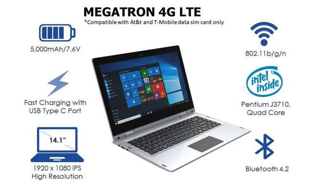 4GB/64GB 360° 1080 High 4G Megatron USB 1920 and LTE-14.1” Screen, Windows IPS IVIEW Touch Mouse 10 x Resolution Pro,