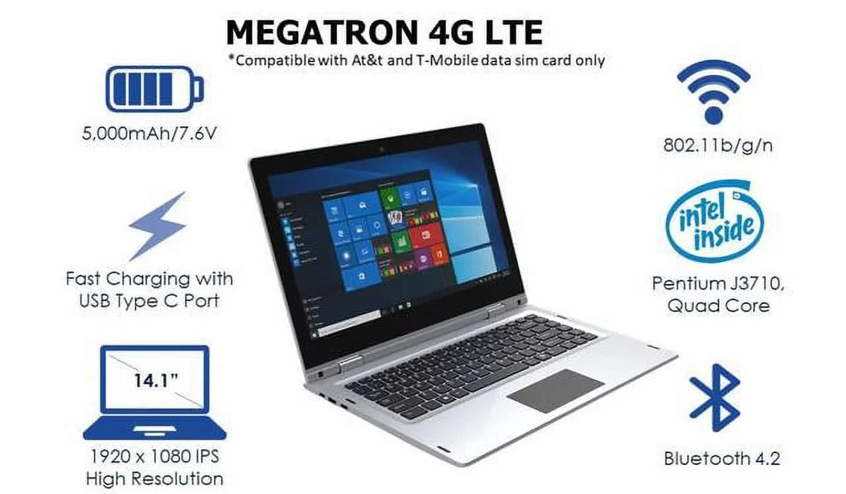 4GB/64GB 360° 1080 High 4G Megatron USB 1920 and LTE-14.1” Screen, Windows IPS IVIEW Touch Mouse 10 x Resolution Pro,