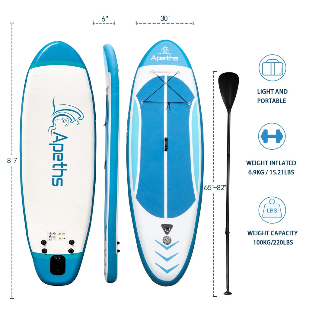 Paddle Fins, (6 8'7" Board Stand Up with APETHS Carrying Board Pump Backpack for Paddle, Inflatable Thick) 3 Board Adults Accessories Paddle inch & SUP Adjustable