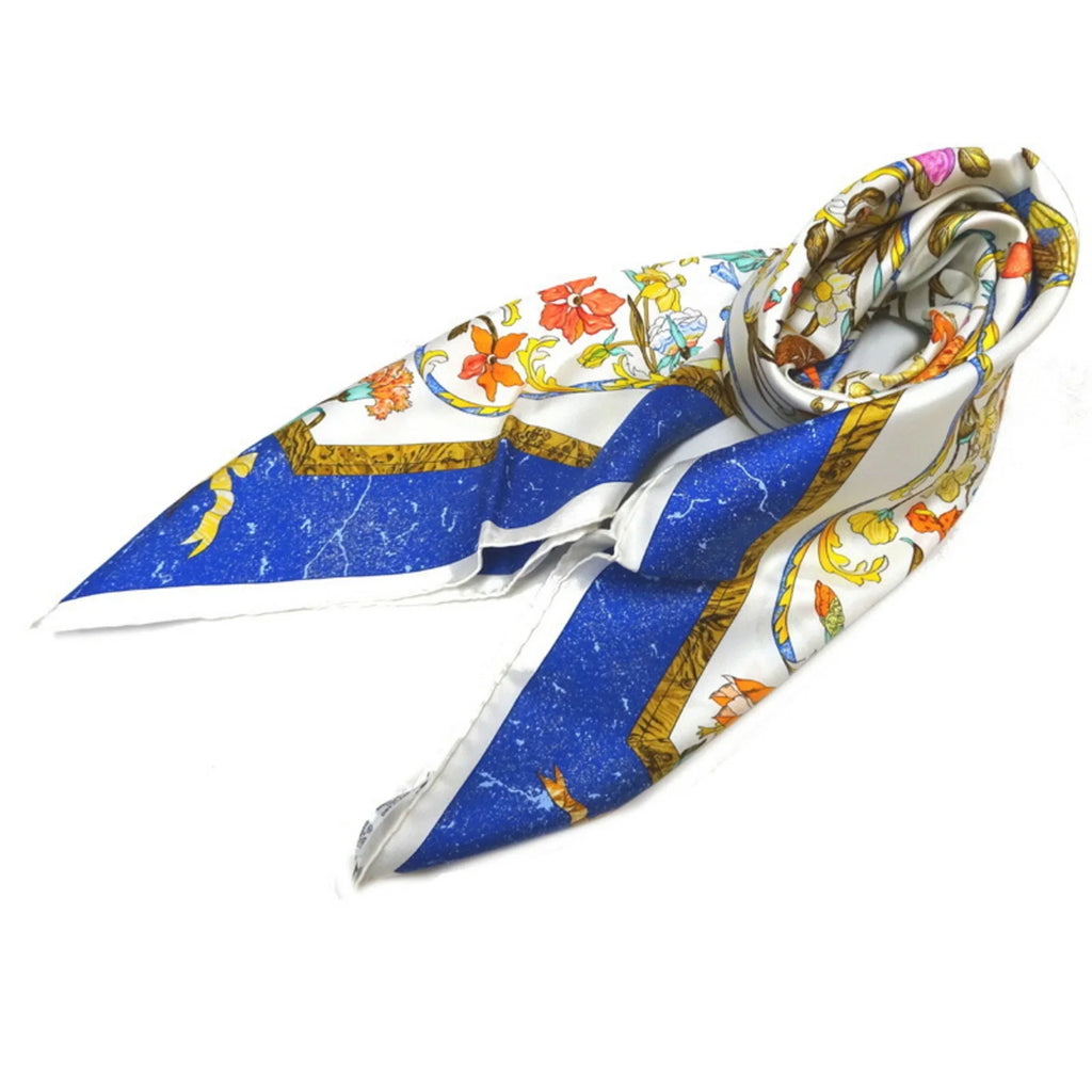 Pre-Loved Hermes Carre 90 Pierres D’ Orient Et Occident Oriental Stone And Western Stonework Women’S Scarf Muffler 100% Silk White/Blue (Like New)