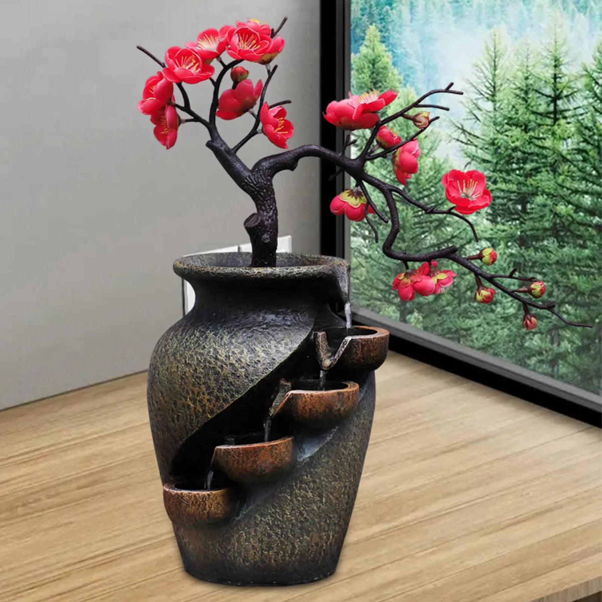 Creative Simulation Vasethree-Dimensional Tabletop Water Fountain Soothing Relaxation Flower Vase Craft Feng Shui Waterfall Fountains For Garden Office Living Room Desk Decor Gifts