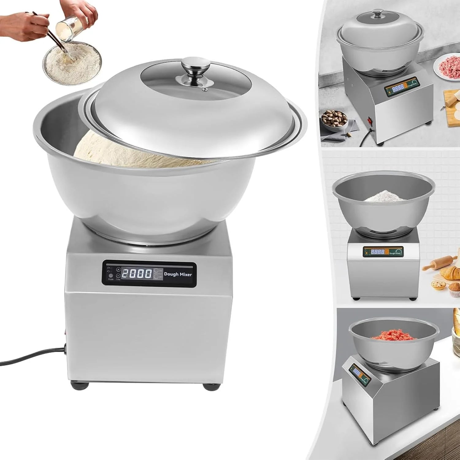 Profesjonalny Mikser Ciasta O Mocy 2200W, Duża Pojemność 5/8 Kg, Z Dotykowym Sterowaniem I Timerem 0–30 Min. Idealny Piekarni, Cateringu,Pizzy,Wypieku