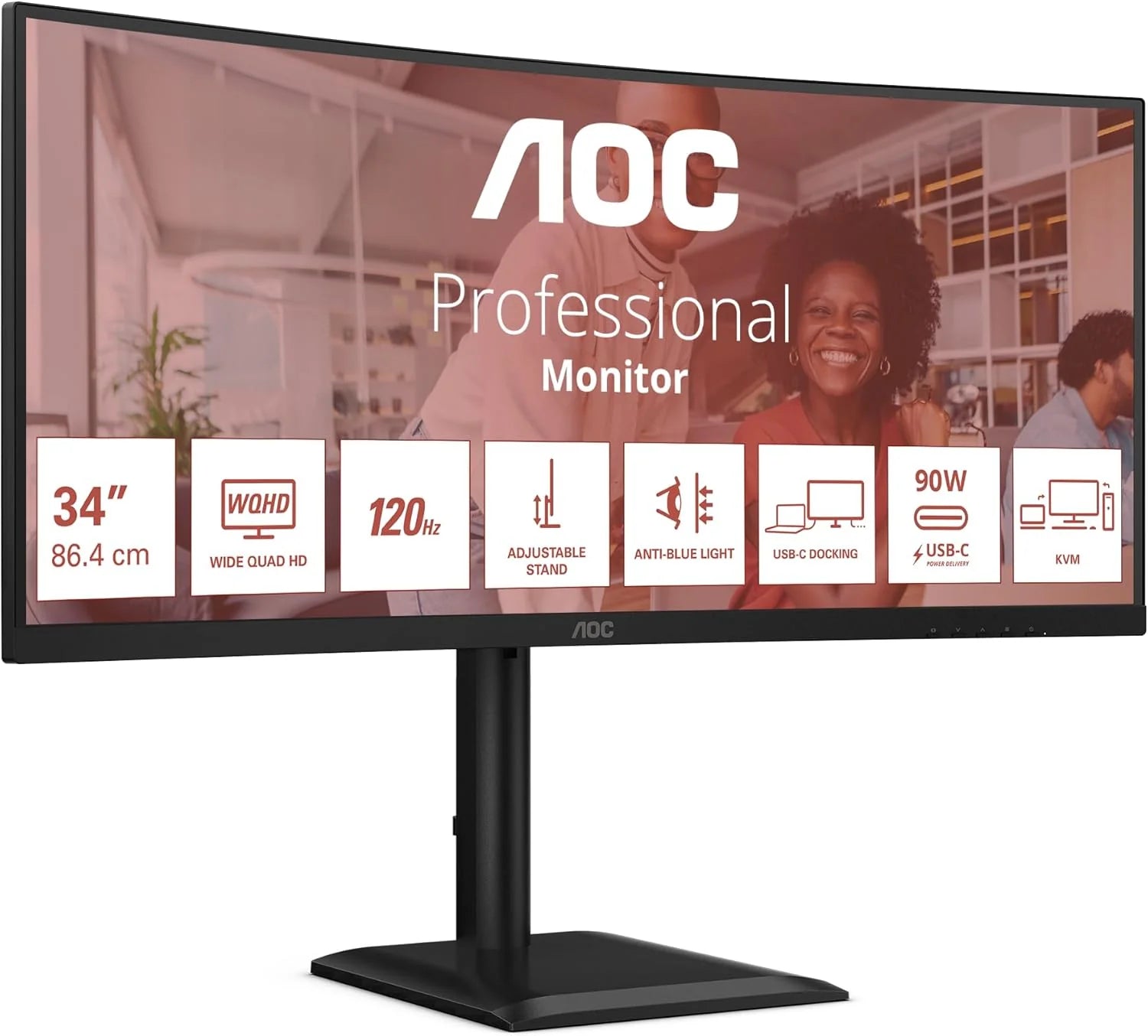 Aoc Wqhd Cu34E4Cv 34-Calowy Monitor, 120 Hz, Va, 4 Ms, Synchronizacja Adaptacyjna, Hdr Ready/Hdr10, Regulacja Wysokości, Głośniki (3440 X 1440, 2 Port